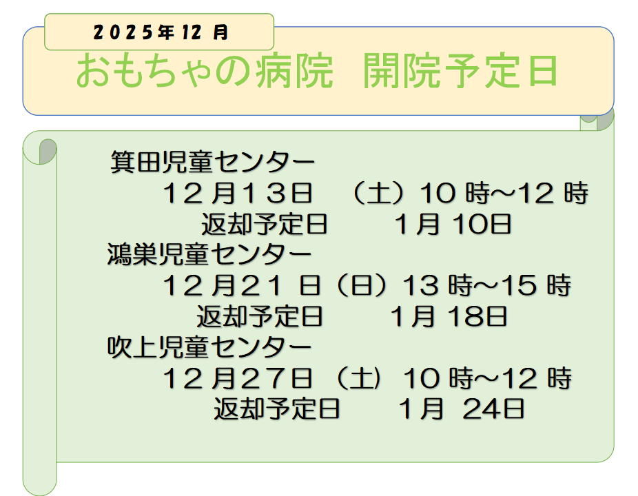 12月の開院予定日 と返却予定日