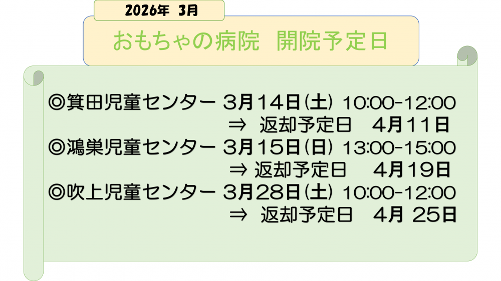 ３月の開院予定日 と返却予定日